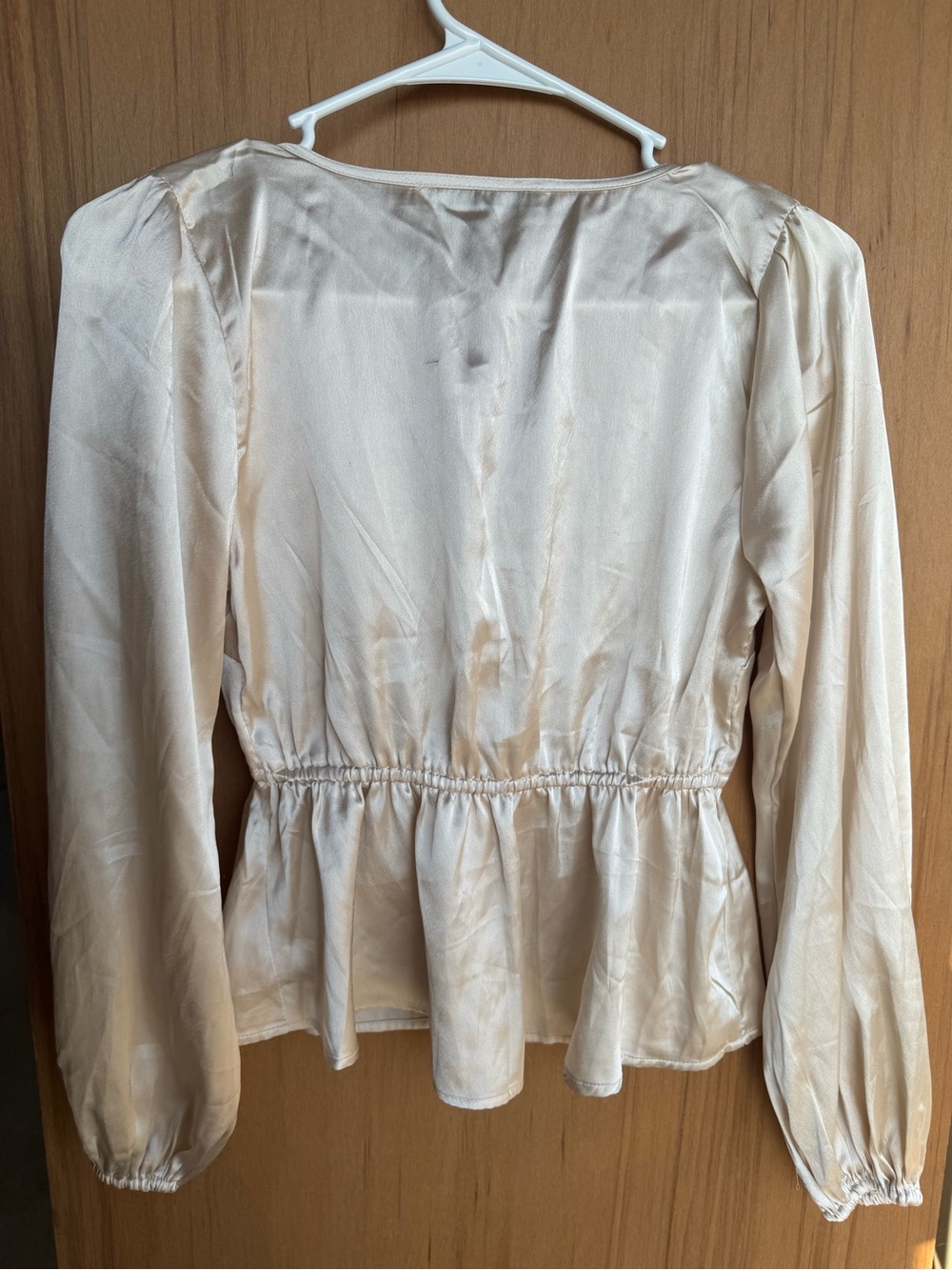 Abercrombie & Fitch Satin Blouse XS Champagne Tie Front Peplum Long Sleeve - Picture 5 of 5
